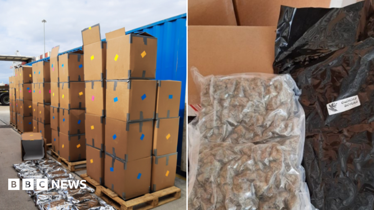 Two photos side by side. On the left is cardboard boxes containing bags of cannabis outside shipping containers . On the right is one of the bags of cannabis.