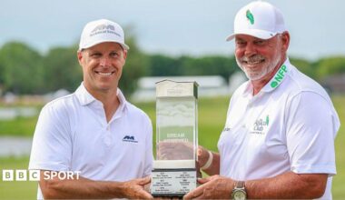 Ben Crane and Darren Clarke with the American Family Insurance Championship trophy