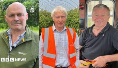 A composite image featuring three white men looking at the camera.  The image on the left  is a balding man with a green half-zip fleece. The central image is of a white-haired man wearing an orange high vis vest and a white chequered shirt. The right image is of a grey-haired man wearing a blue polo shirt.
