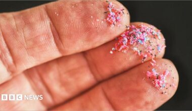 A hand with microplastics on the fingers.