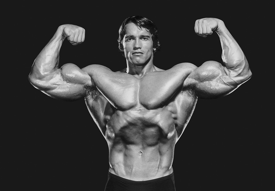 A stark black-and-white studio portrait of Schwarzenegger performing a front double bicep pose, his symmetrical physique filling the wide frame against a plain black background.