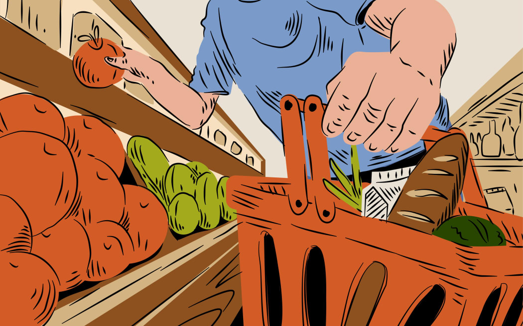 An illustration of a person holding a basket and shopping for groceries.