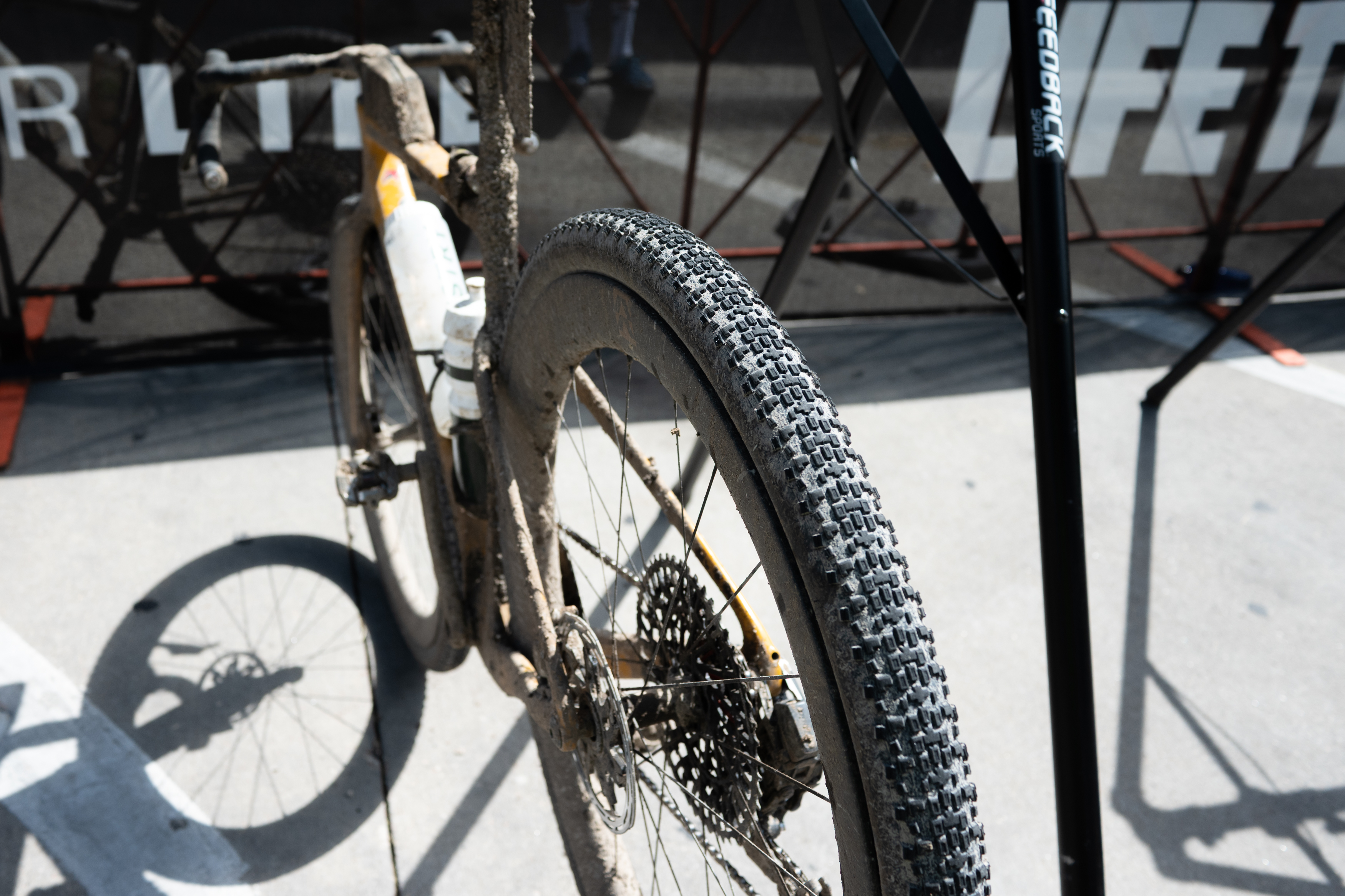 Photos of the bikes from the finish line of Unbound Gravel 2026