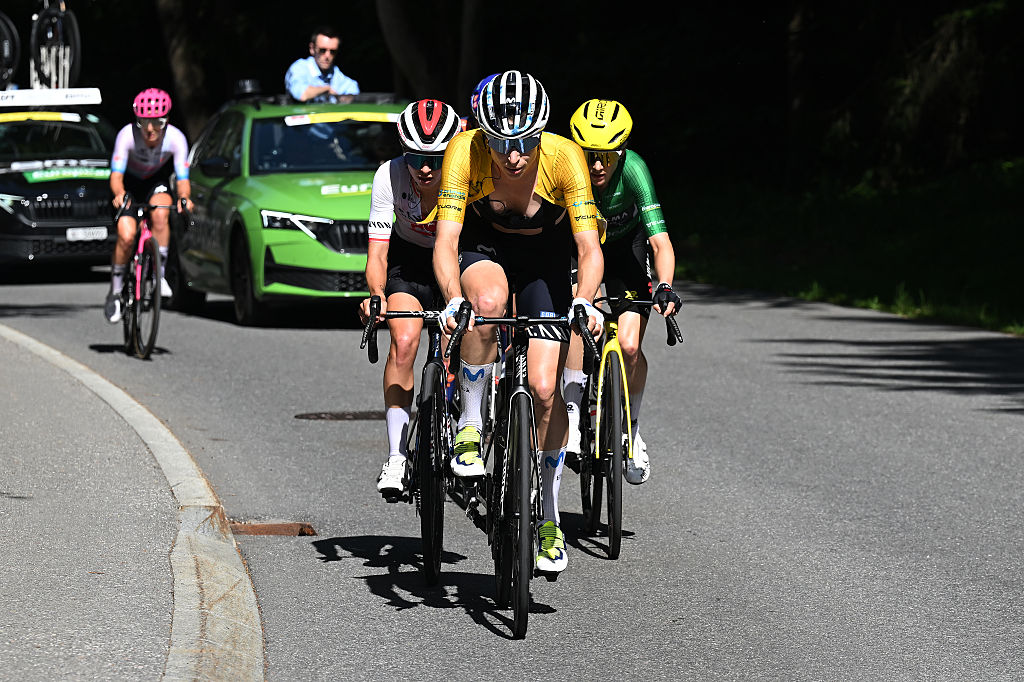 VILLARS-SUR-OLLON, SWITZERLAND - JUNE 21: Marlen Reusser of Switzerland and Team Movistar - Yellow Leader Jersey leads the breakaway during the 10th Tour de Suisse Women 2026, Stage 5 a 100.4km stage from Villars-sur-Ollon to Villars-sur-Ollon 1249m / #UCIWT / on June 21, 2026 in Villars-sur-Ollon, Switzerland. (Photo by Tim de Waele/Getty Images)
