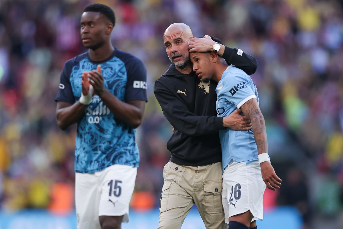 Pep Guardiola embraces Savinho after his Manchester City cameo vs Southampton