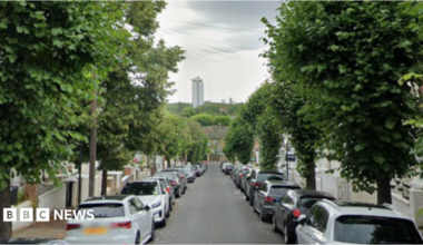 A Google Maps image of a road lined with houses and trees and a large tower block in the distance.