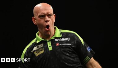 Michael van Gerwen reacts during the Premier League Darts event in Birmingham in May 2026