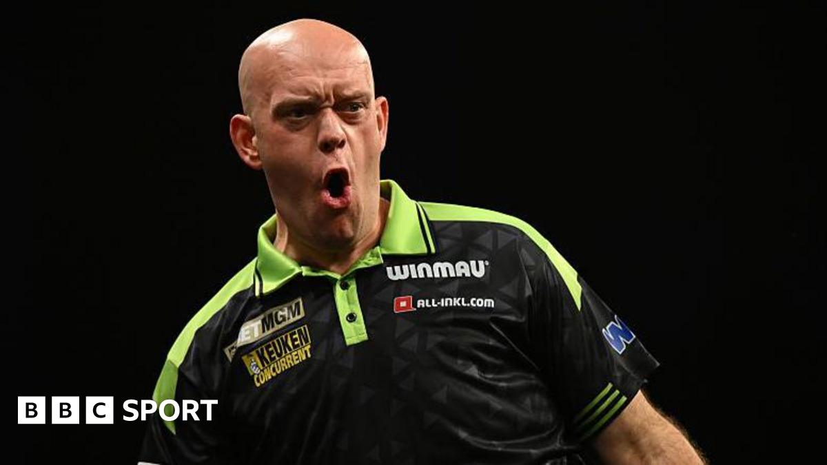 Michael van Gerwen reacts during the Premier League Darts event in Birmingham in May 2026