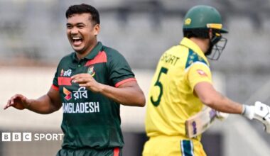 Taskin Ahmed celebrates the wicket of Matt Short