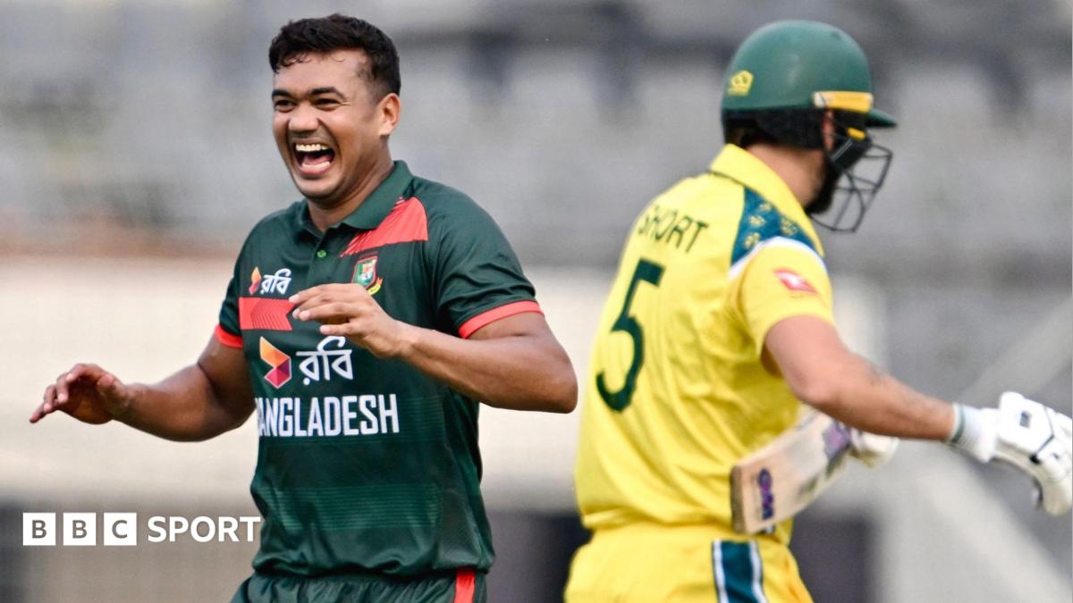 Taskin Ahmed celebrates the wicket of Matt Short