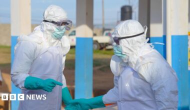 Medical staff wearing protective equipment at a hospital in Bunia, Ituri Provice in the Democractic Republic of Congo
