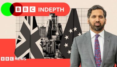 Thin, lobster red banner with white text saying ‘InDepth newsletter’. To the right are black and white portrait images of Emma Barnett and John Simpson. Emma has dark-rimmed glasses, long fair hair and a striped shirt. John has short white hair with a white shirt and dark blazer. They are set on an oatmeal, curved background with a green overlapping circle.