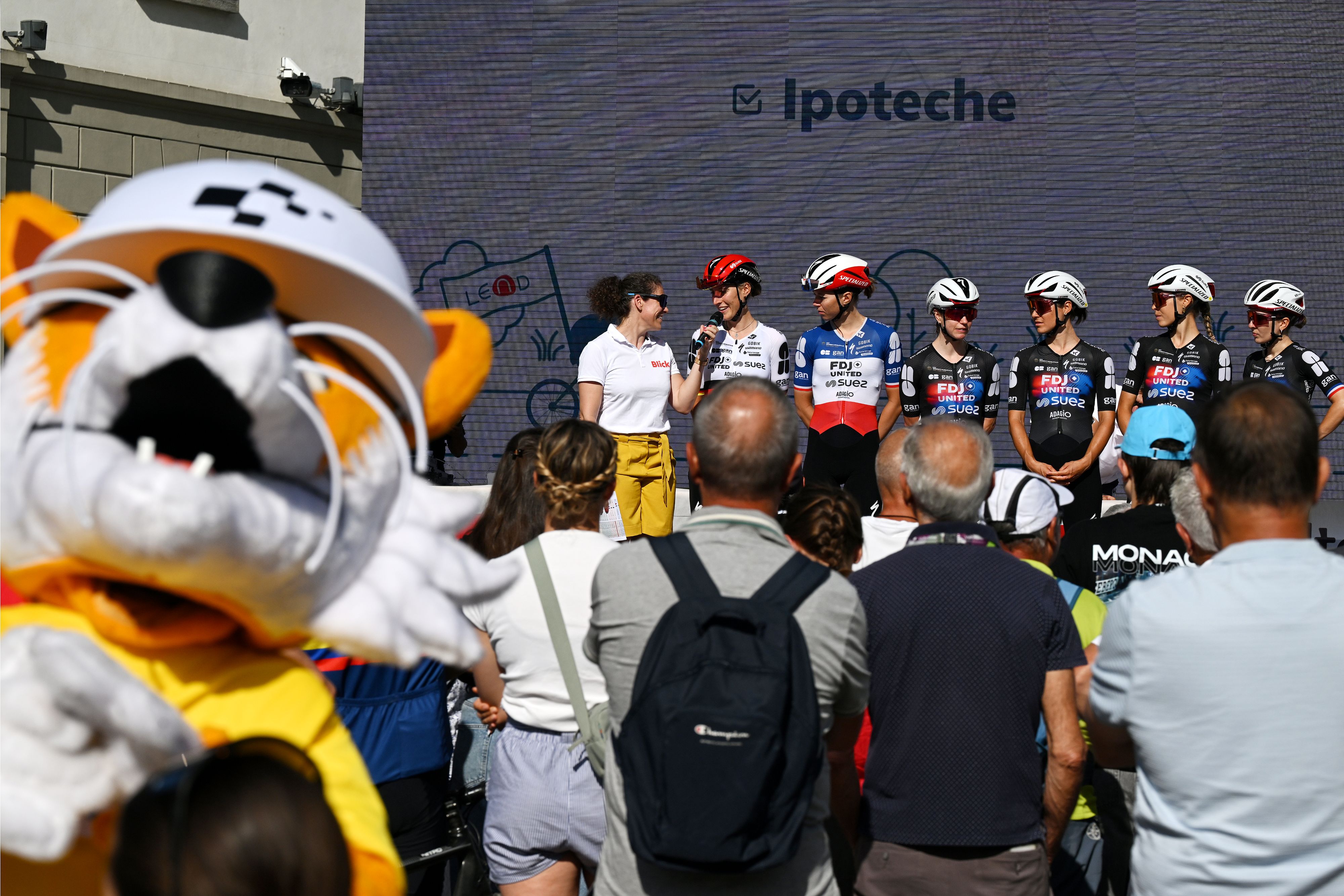 SONDRIO, ITALY - JUNE 17: A general view of Juliette Berthet of France, Lea Curinier of France, Lauren Dickson of Great Britain, Franziska Koch of Germany, Marie Le Net of France, Sofia Bertizzolo of Italy and Team FDJ United - SUEZ prior to the 10th Tour de Suisse Women 2026, Stage 1 a 109.3km stage from Sondrio to Sondrio / #UCIWWT / on June 17, 2026 in Sondrio, Italy. (Photo by Tim de Waele/Getty Images)