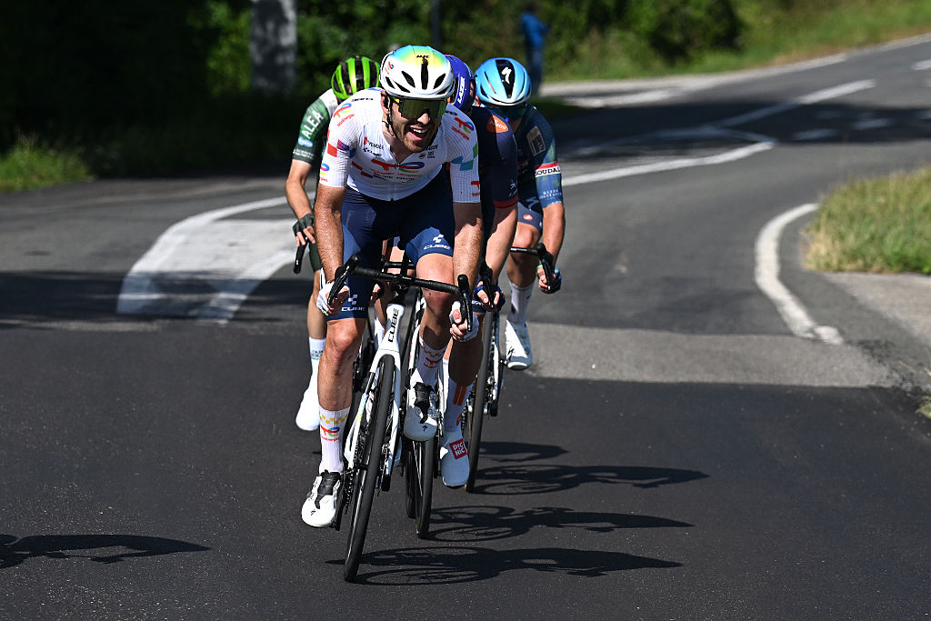 Thibault Guernalec out of the saddle in front of the breakaway