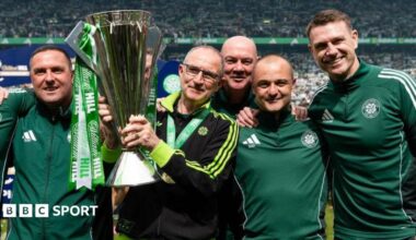 Celtic manager Martin O'Neill and his coaching staff (L-R), Mark Fotheringham, Stevie Woods, Shaun Maloney and Stephen McManus