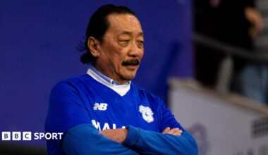 Vincent Tan watches a Cardiff game while wearing the club's shirt