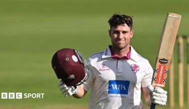 Jordan Hermann of Somerset celebrates a century during the Rothesay County Championship One match between Nottinghamshire County Cricket Club and Somerset County Cricket Club at Trent Bridge, Nottingham
