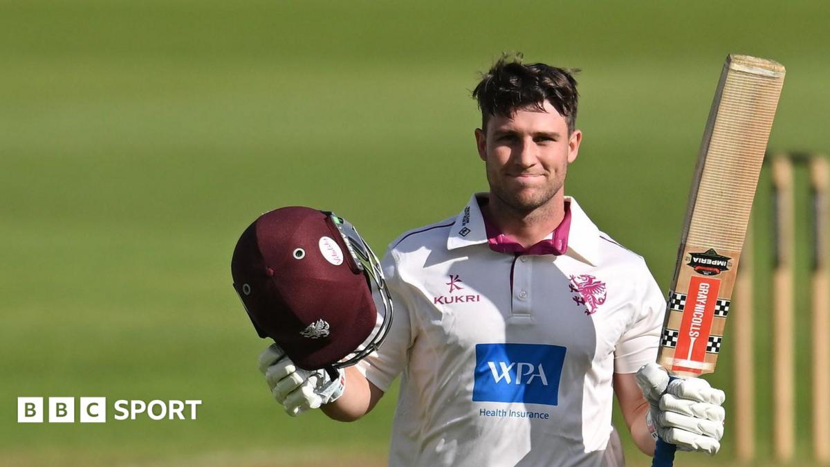 Jordan Hermann of Somerset celebrates a century during the Rothesay County Championship One match between Nottinghamshire County Cricket Club and Somerset County Cricket Club at Trent Bridge, Nottingham