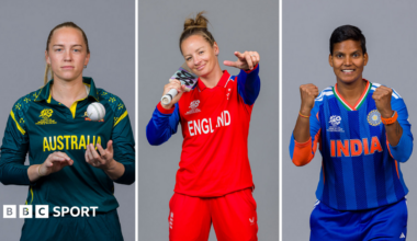 Split image of Kim Garth (wearing a green Australia shirt), Danni Wyatt-Hodge (red England shirt, blue sleeves), and Deepti Sharma (blue India shirt)