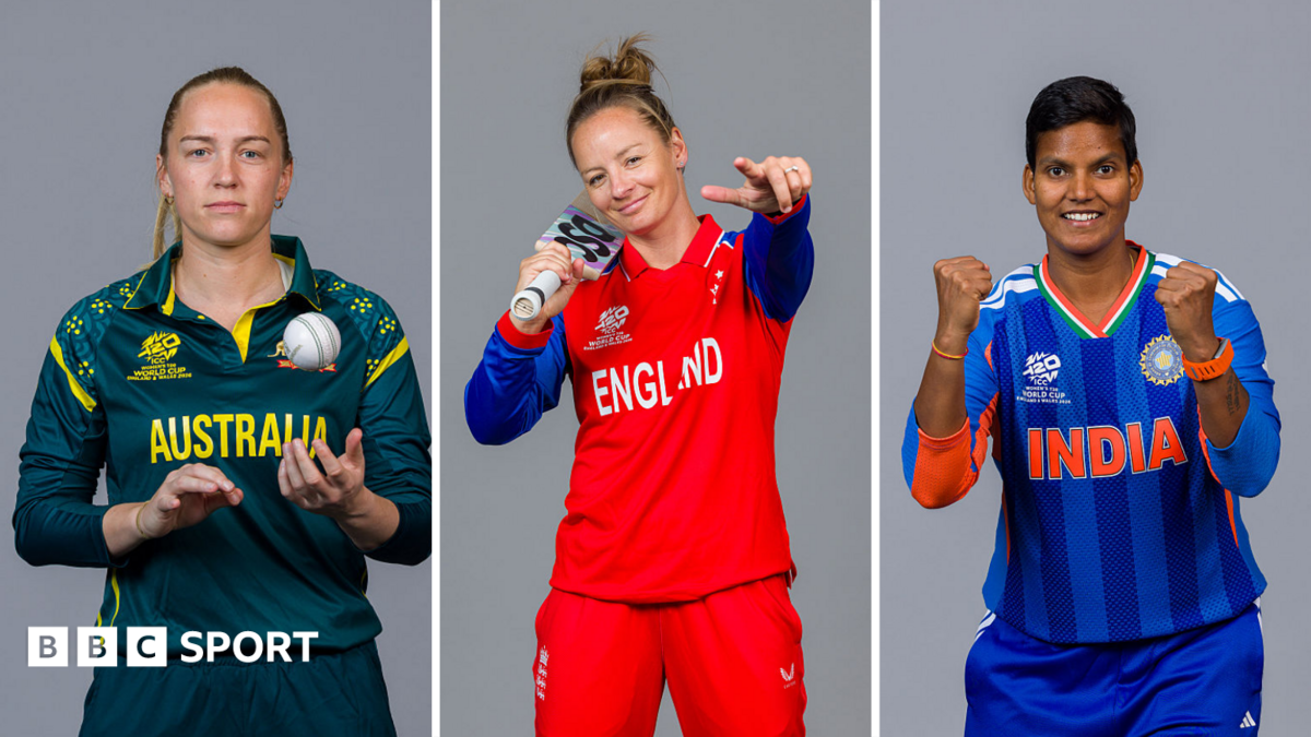 Split image of Kim Garth (wearing a green Australia shirt), Danni Wyatt-Hodge (red England shirt, blue sleeves), and Deepti Sharma (blue India shirt)