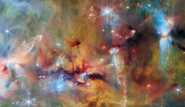 An area inside a star-forming molecular cloud. The background is covered with layers of gas and dust in blue, green and yellowish colors. Thicker clumps of cold dust, dark brown to black, block out light completely. Stars lie among and atop the clouds, from small orange ones to large white or blue ones. Waves and streams of glowing whitish gas are created by jets from protostars colliding with the surrounding material.