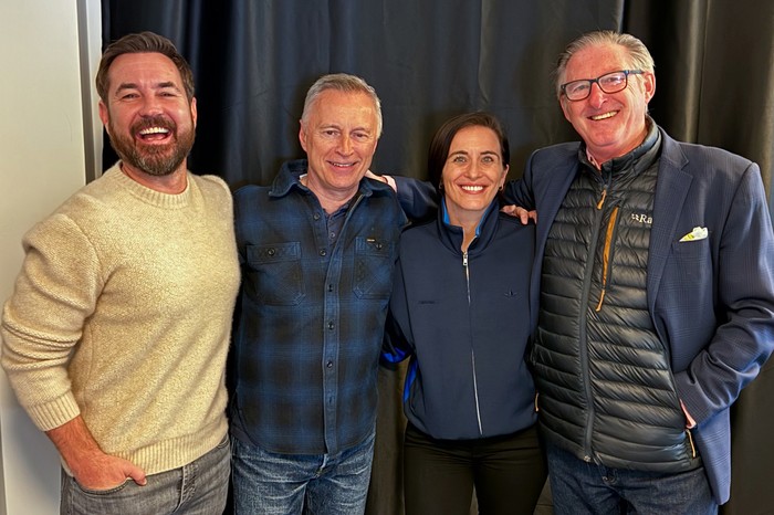 Martin Compston, Robert Carlyle, Vicky McClure and Adrian Dunbar for Line of Duty Martin Compston, Robert Carlyle, Vicky McClure and Adrian Dunbar for Line of Duty. They have their arms round each other, are stood in front of a black curtain and are smiling at the camera.