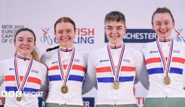From left, Grace Lister, Kate Richardson, Izzy Sharp and Madelaine Leech with gold medals around their necks after winning the Women's Team Pursuit Finals at the British Cycling National Track Championships 2024