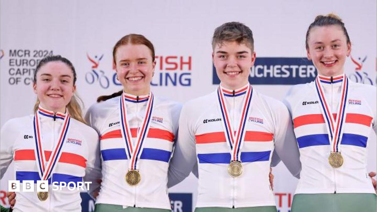 From left, Grace Lister, Kate Richardson, Izzy Sharp and Madelaine Leech with gold medals around their necks after winning the Women's Team Pursuit Finals at the British Cycling National Track Championships 2024