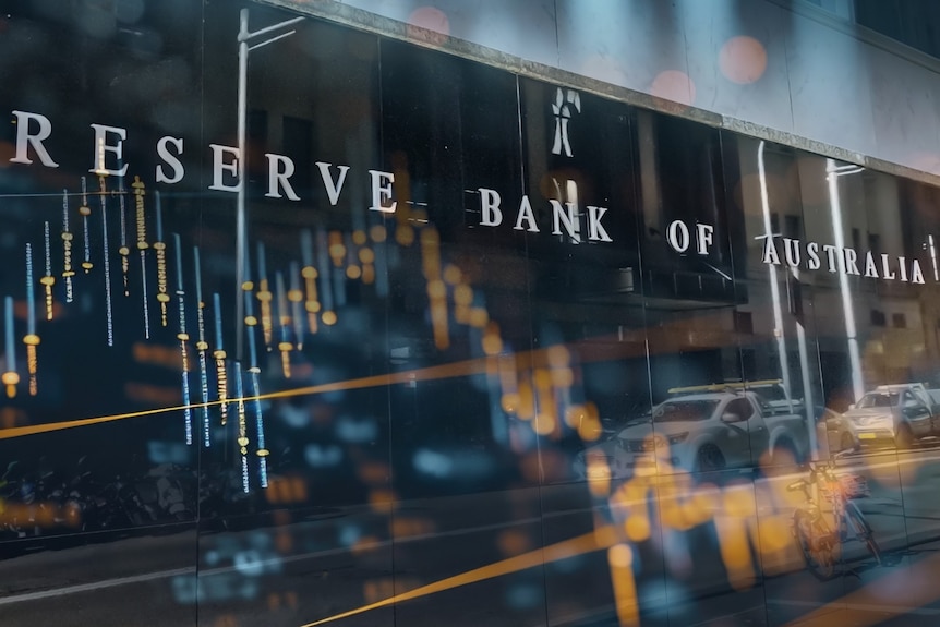 The RBA sign on side of a building, overlaid with a stock market chart.