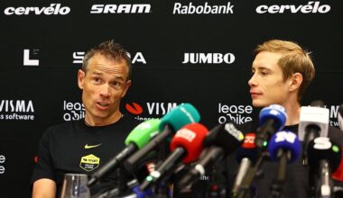Team Visma-Lease a Bike sports director Grischa Niermann, Danish Jonas Vingegaard Hansen of Team Visma-Lease a Bike and pictured during a press conference of team Visma - Lease a Bike ahead of the 2025 Tour de France cycling race, in Lille, France, on Friday 04 July 2025. The 112th edition of the Tour de France starts on Saturday 5 July in Lille, France, and will finish in Paris, France on the 27th of July. BELGA PHOTO DAVID PINTENS (Photo by DAVID PINTENS / BELGA MAG / Belga via AFP)