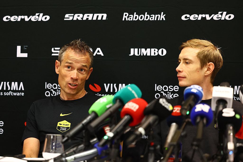 Team Visma-Lease a Bike sports director Grischa Niermann, Danish Jonas Vingegaard Hansen of Team Visma-Lease a Bike and pictured during a press conference of team Visma - Lease a Bike ahead of the 2025 Tour de France cycling race, in Lille, France, on Friday 04 July 2025. The 112th edition of the Tour de France starts on Saturday 5 July in Lille, France, and will finish in Paris, France on the 27th of July. BELGA PHOTO DAVID PINTENS (Photo by DAVID PINTENS / BELGA MAG / Belga via AFP)