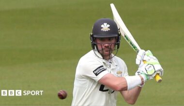 Rory Burns plays a shot for Surrey  against Leicestershire at the Kia Oval on 10 April 2026.