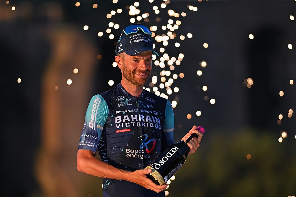 ROME, ITALY - MAY 31: Damiano Caruso of Italy and Team Bahrain - Victorious celebrates at podium as honoured for his professional career during the 109th Giro d'Italia 2026, Stage 21 a 131km stage from Rome to Rome 1289m / #UCIWT / on May 31, 2026 in Rome, Italy. (Photo by Tim de Waele/Getty Images)