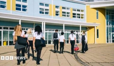 Pupils in school uniform walk towards a school building in the sun.