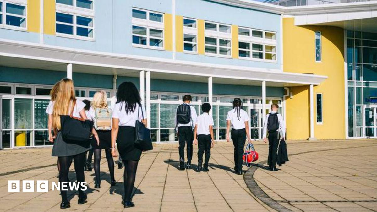 Pupils in school uniform walk towards a school building in the sun.