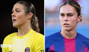 Mapi Leon in Barcelona home kit and Mary Earps in Paris St-Germain yellow goalkeeper shirt