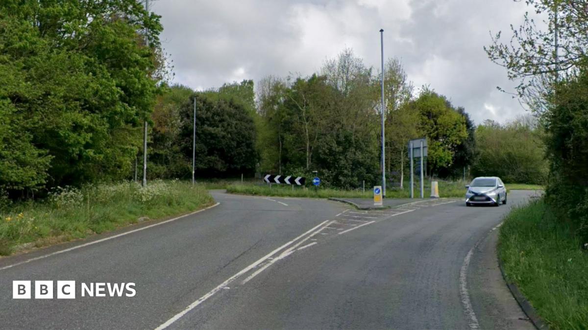 A google maps grab of a road, leading up to a roundabout. One silver car is visible. There is greenery on either side and in the centre of the roundabout.