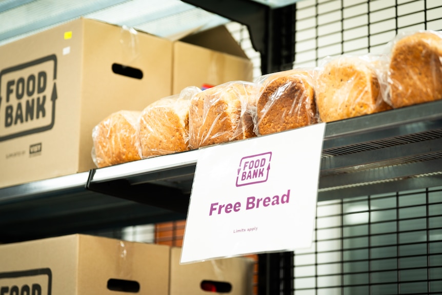 Loaves of free bread on the shelf in a Food Bank