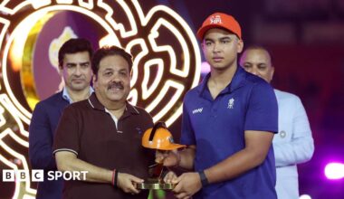 Vaibhav Sooryavanshi is handed the Orange Cap during the IPL final