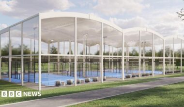 Artists sketch of the new padel courts. Three courts can be seen, housed inside a glass structure. A path leads to the door of the strcuture.