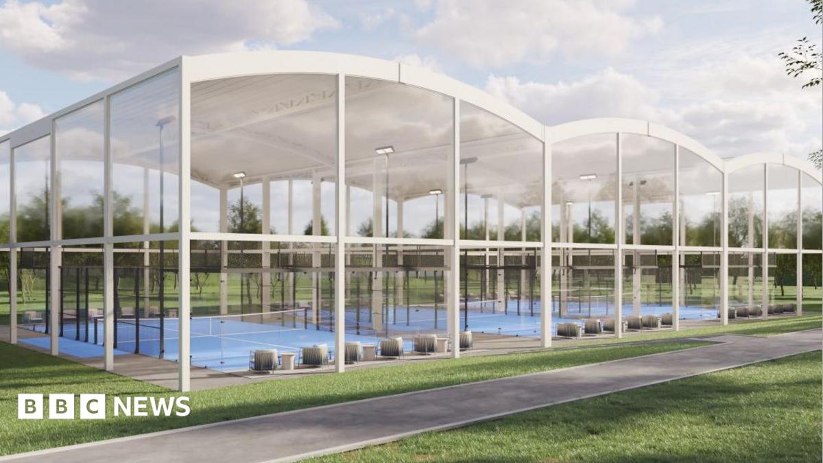 Artists sketch of the new padel courts. Three courts can be seen, housed inside a glass structure. A path leads to the door of the strcuture.