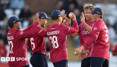 Northants bowler David Willey celebrates with team mates after taking the wicket of Graham Clark off the first ball of the innings during the Vitality Blast match between Durham and Northamptonshire Steelbacks at Banks Homes Riverside