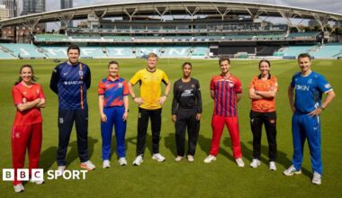 Players wearing Welsh Fire, London Spirit, Southern Brave, Trent Rockets, Birmingham Phoenix, Manchester Super Giants, Sunrisers Leeds, MI London kits