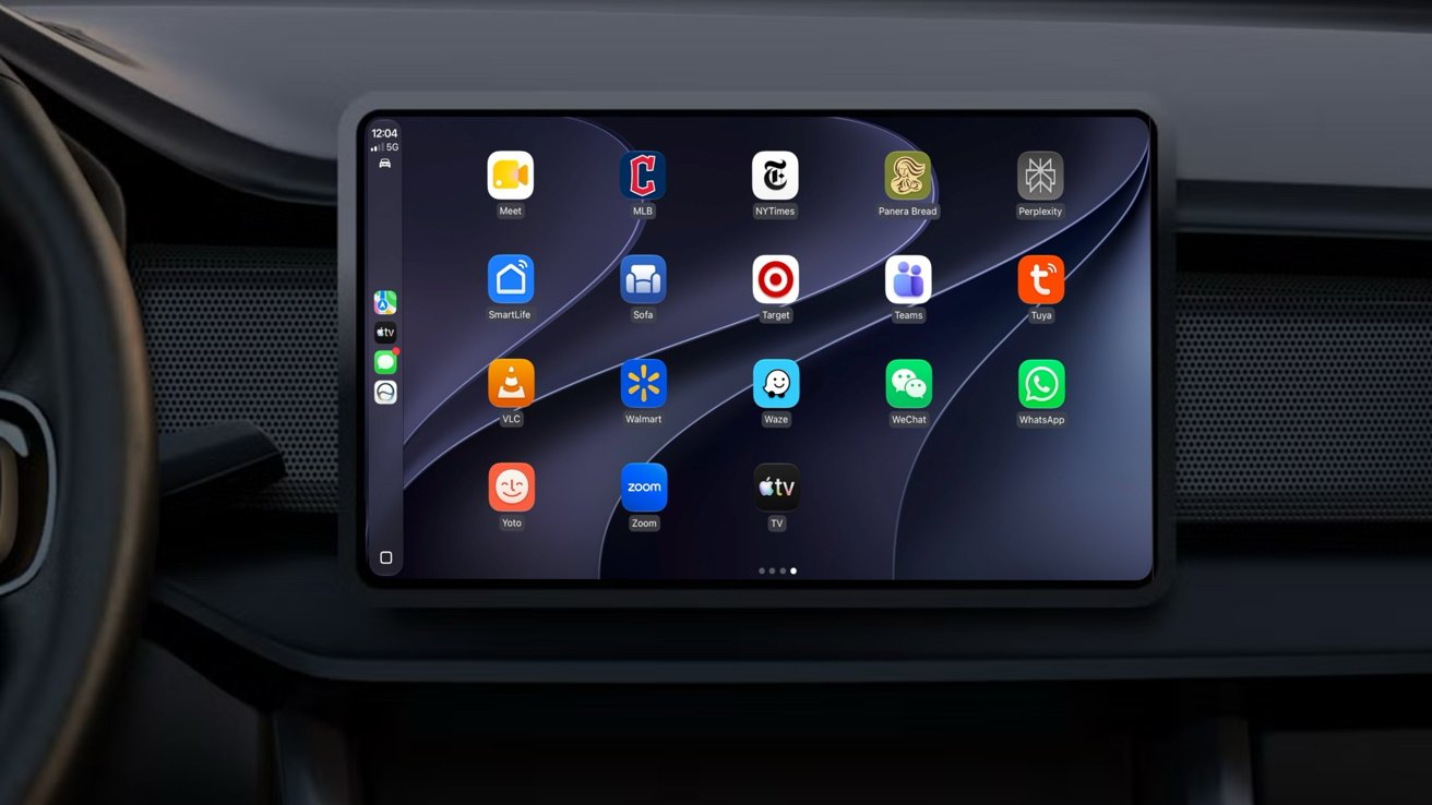 Large touchscreen car dashboard display showing a tablet-style home screen with multiple colorful app icons arranged in rows against a dark abstract background
