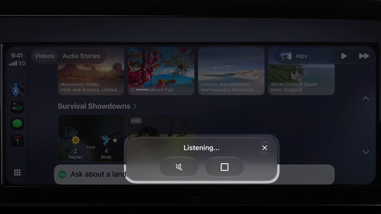 Dark car dashboard screen showing an infotainment interface with apps and video thumbnails, overlaid by a centered voice assistant popup that says Listening with microphone and stop controls