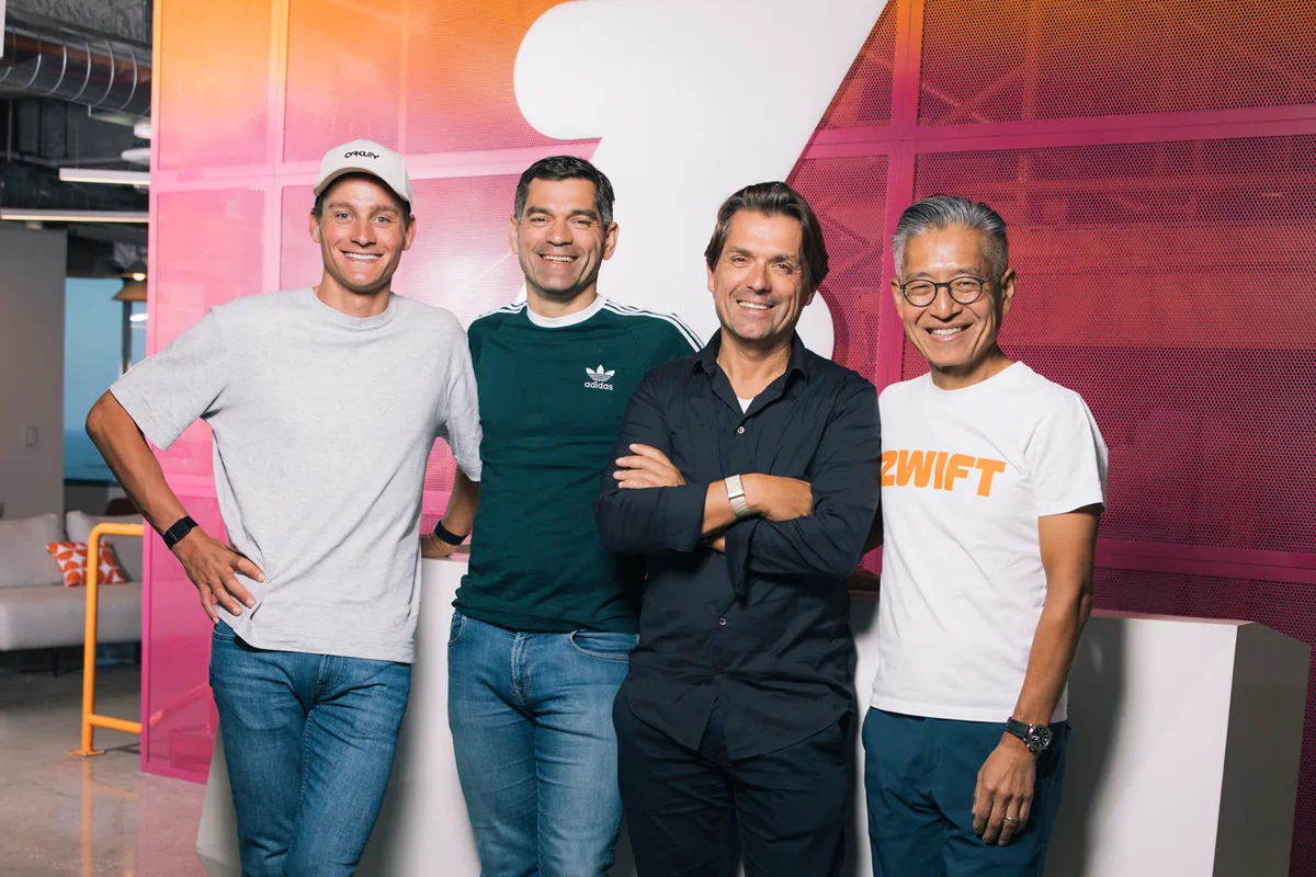 Mathieu van der Poel and Philip Roodhooft with Zwift CEO Eric Min