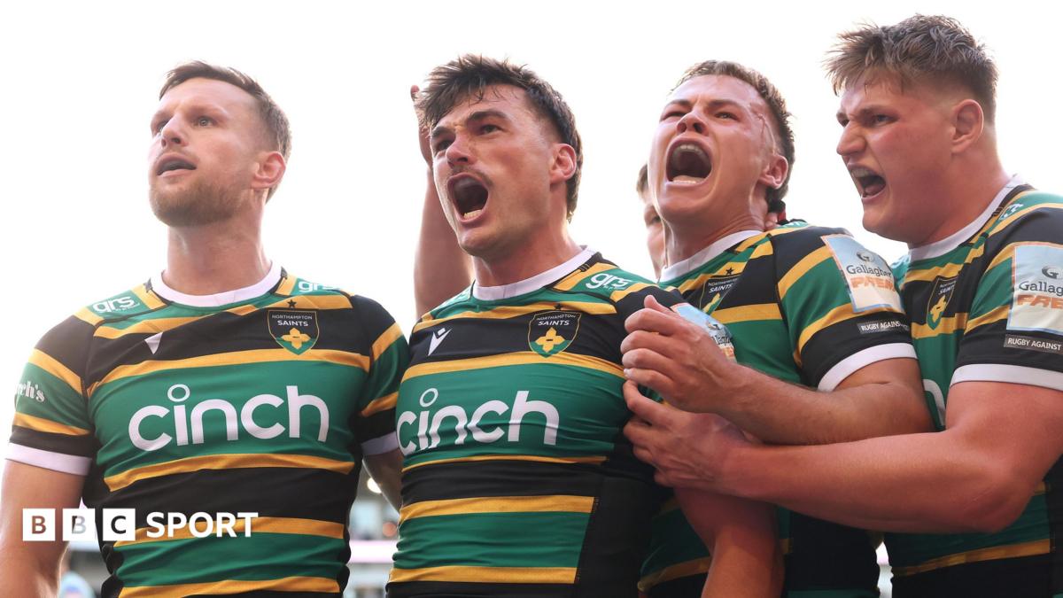 George Furbank (centre) celebrates scoring a try for Northampton against Leicester in the Prem semi-final