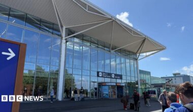 The entrance to the departure lounge at Bristol Airport on a sunny day