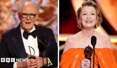 John Lithgow (left) and Lesley Manville, pictured separately on stage at the Tony Awards. In a composite image, Lithgow wears a dark suit, while Manville wears an orange dress. Both are holding their respective trophies