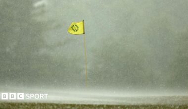 A flag billowing in the wind in heavy rain